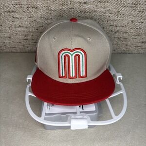 Mexico "M" Snapback Hat Beige Red Brim Mexican Flag Side Patch Flat Bill Cap